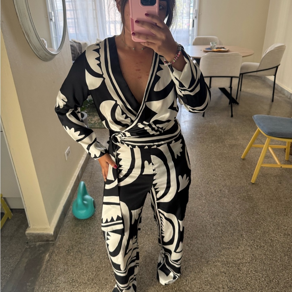 Mango Black and White Straight Leg Jumpsuit with Bold Pattern